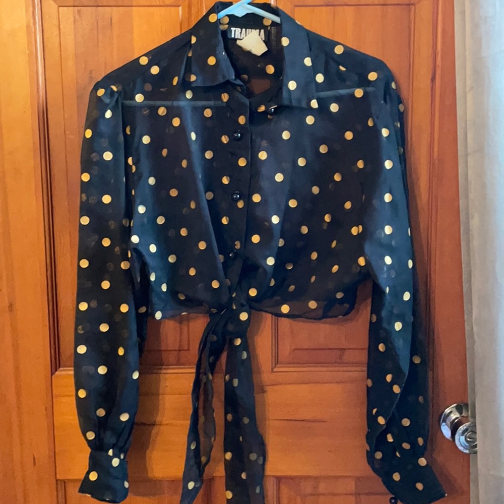 Trauma black button down with gold polka dots small